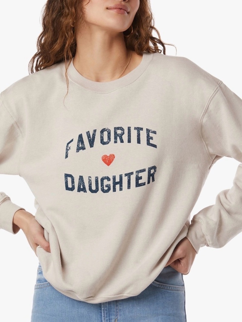 Favorite Daughter Crewneck Beige with Navy Text & Red Heart